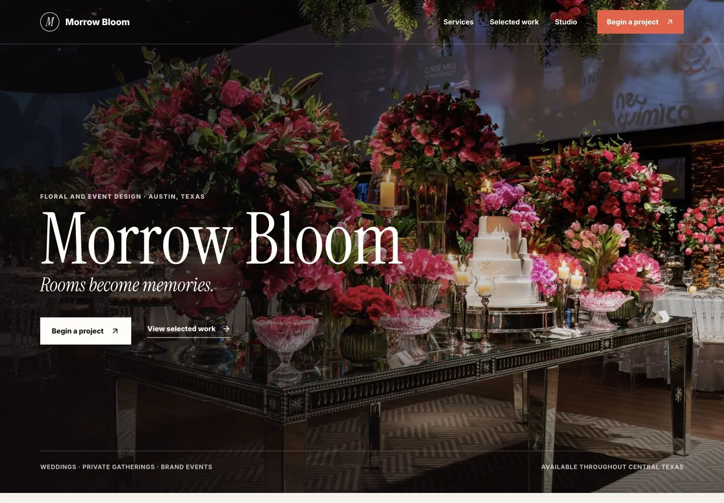 Morrow Bloom floral and event design website shown on desktop